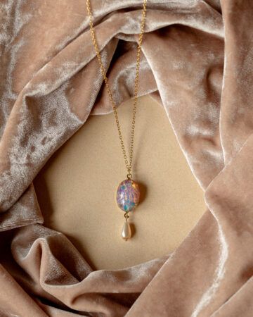 60s Glass pink fire opal necklace with drop pearl, Vintage october birthstone necklace.
