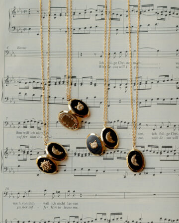 Gold half moon locket necklace, cat locket necklace, black shell mourning locket.