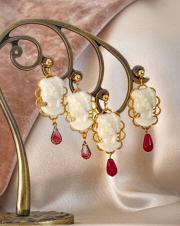 40s Vintage German glass ivory crystal cameo dangle earrings.