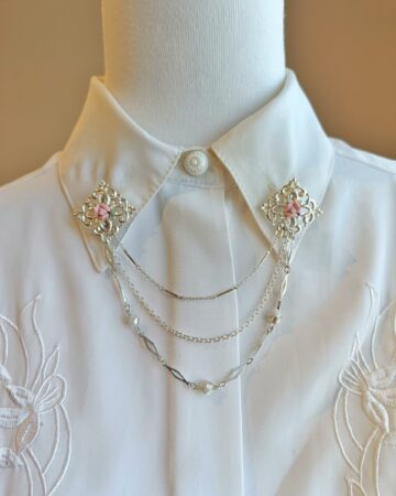 Silver vintage Victorian style collar pin chain with pink rose porcelain.