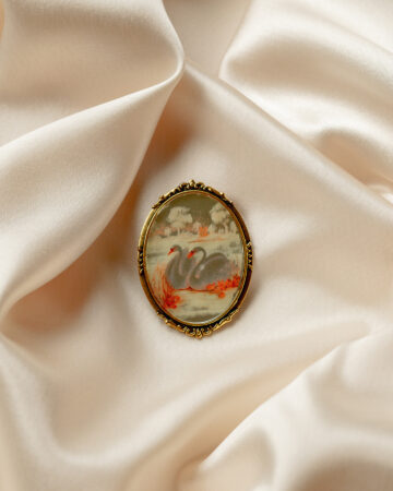 Vintage glass cameo swans brooch, swimming swans couple painting print brooch.
