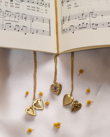 Vintage 1970s heart locket necklace with Swarovski crystal, tiny brass flower locket, New Old Stock jewelry